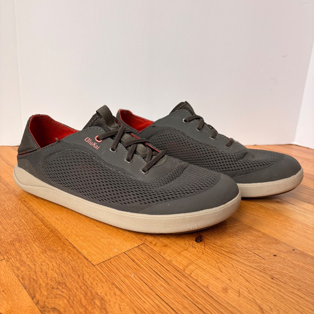 OluKai Moku Pae Mens 10 Dark Grey Red Mesh Boat Shoes Sneakers 10472-4EKZ